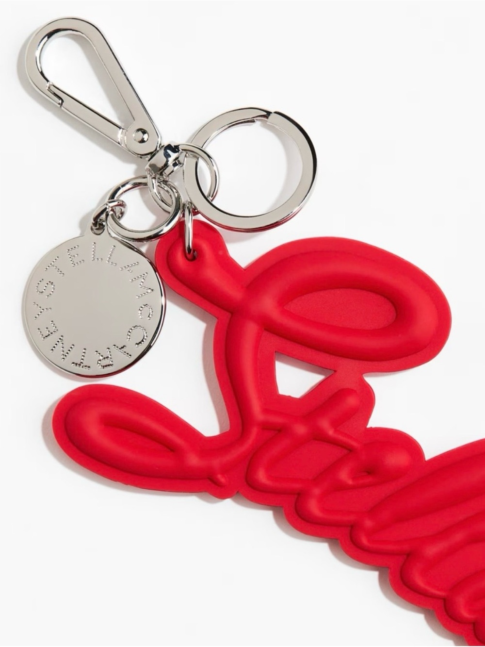 Stella McCartney Bright Red Script Logo Keyring with Silver Disc